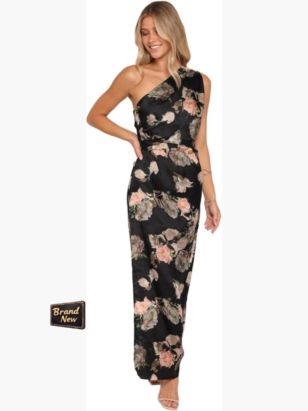 One Shoulder Maxi Dress Satin Pleated Side Split Formal Party
